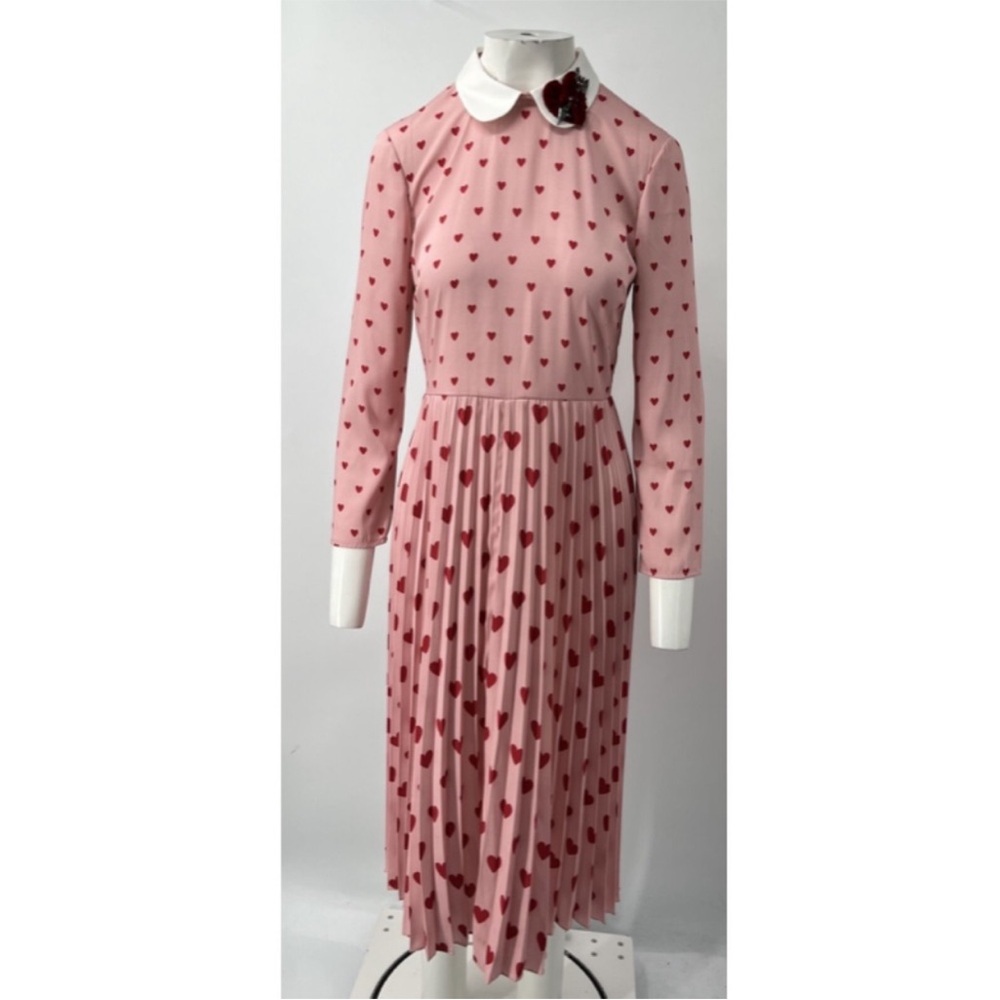 VALENTINO Valentines Heart Midi Maxi Pleated Chine Red Pink Heart Dress 38 8 - Picture 8 of 16